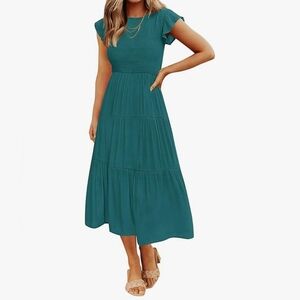 Teal Smocked Midi Sundress with Flutter Sleeves